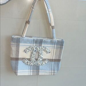 STUNNING New Chanel-VIP Blue Tweed Plaid Mini Tote with Pearl Sequin CC Logo